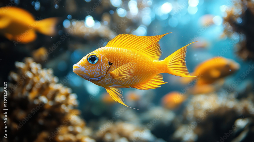 A school of bright yellow fish swimming together through a coral reef A school of bright yellow fish swimming together through a coral reef
