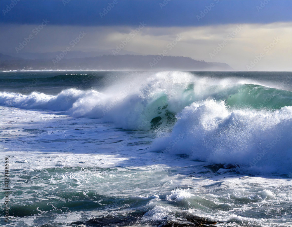 A powerful ocean wave crashing with white foam, showing turquoise water beneath its curling crest against a cloudy sky.