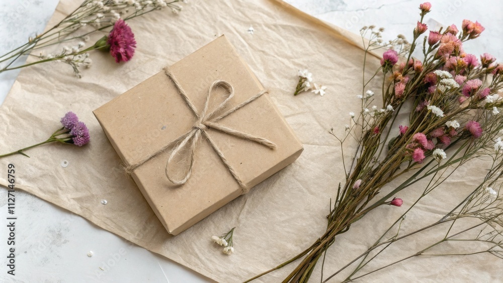 Obraz premium A simple and elegant gift box tied with twine and surrounded by delicate dried flowers on a crumpled beige background