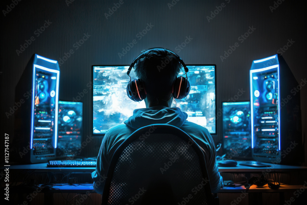 Fototapeta premium A boy playing in his game room. Created with generative AI technology.