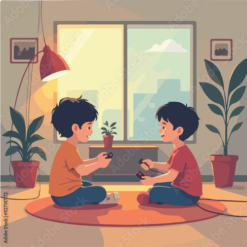 Children Illustration vector design, Children playing the games with joystick in living room, children vector design