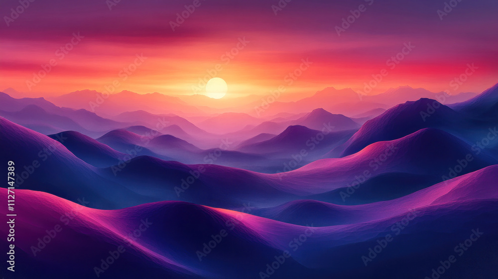 Abstract landscape of surreal hills in glowing shades of purple and orange
