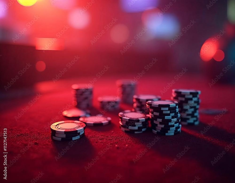 Excitement builds in a vibrant casino atmosphere with casino chips scattered on a felt table illuminated by colorful neon lights during an intense night of gaming Excitement builds in a vibrant casino atmosphere with casino chips scattered on a felt table illuminated by colorful neon lights during an intense night of gaming