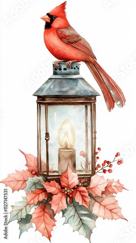 Vintage Lantern with Cardinal and Poinsettias on White Background, Watercolor Style Holiday Decoration Generative AI photo