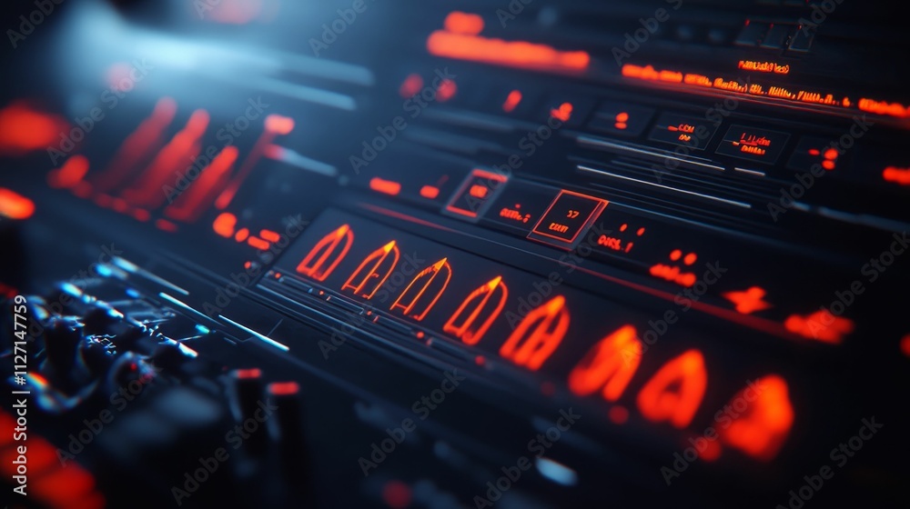 Illuminated control panel; futuristic, red, dark. Illuminated control panel; futuristic, red, dark.