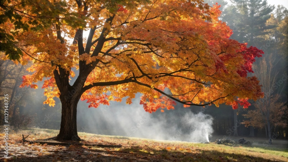 A majestic autumn tree with vibrant orange and red leaves stands tall against a backdrop of misty forest. A majestic autumn tree with vibrant orange and red leaves stands tall against a backdrop of misty forest.