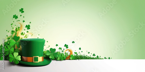 st patricks day hat and clover on green background