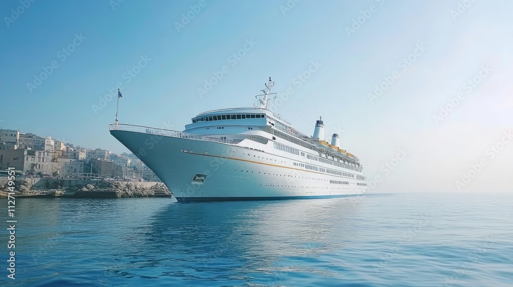 Large cruise ship at sea near a coastal town on a sunny day. Large cruise ship at sea near a coastal town on a sunny day.