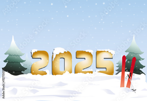 2025 doré ,sapins  et paire de ski rouge plantés dans la neige, illustration sur fond bleu