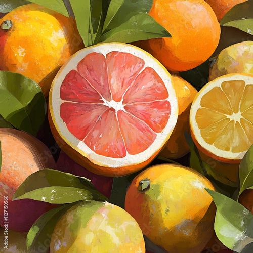 Bountiful Harvest of Vibrant Citrus Fruits in Stylized Abstract Composition