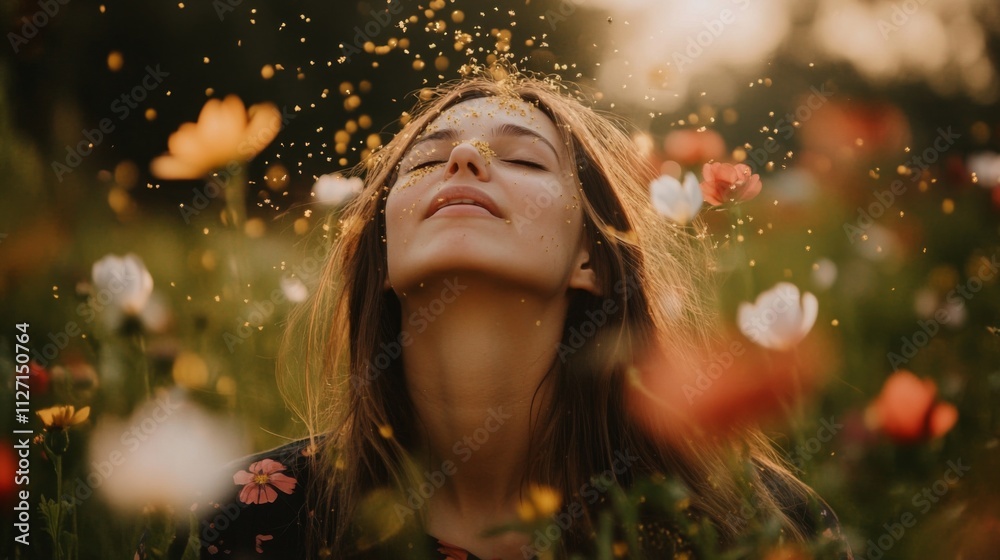 Golden Sparkle Woman in a Flower Field