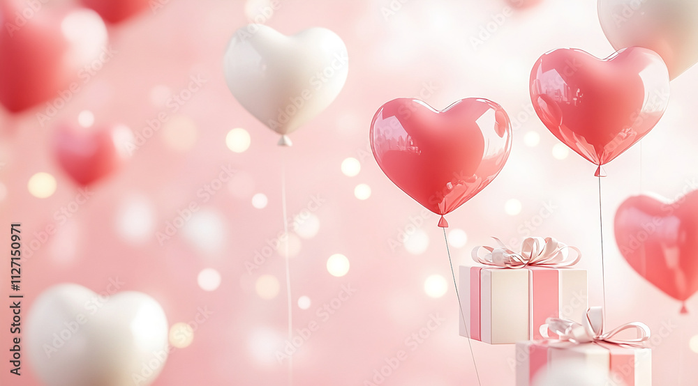 Heart-shaped balloons and gift boxes create a romantic atmosphere for a celebration on a soft background Heart-shaped balloons and gift boxes create a romantic atmosphere for a celebration on a soft background