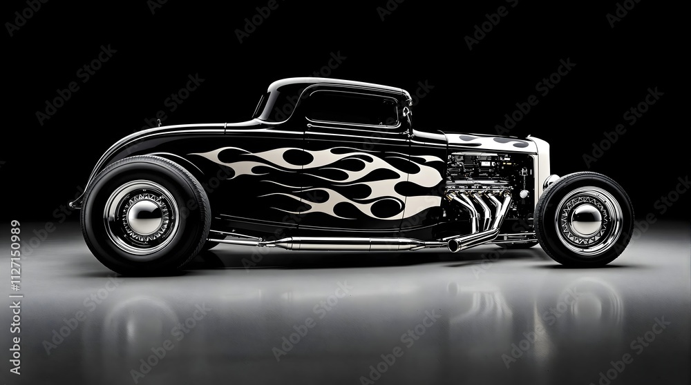 Black Hot Rod with White Flame Graphics and Chrome Detailing Black Hot Rod with White Flame Graphics and Chrome Detailing