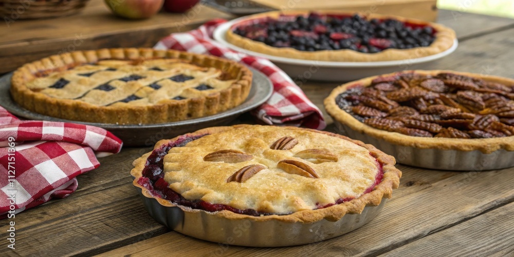 A Rustic Table Setting with a Variety of Homemade Pies, Featuring a Checkered Tablecloth and Golden Crusts A Rustic Table Setting with a Variety of Homemade Pies, Featuring a Checkered Tablecloth and Golden Crusts