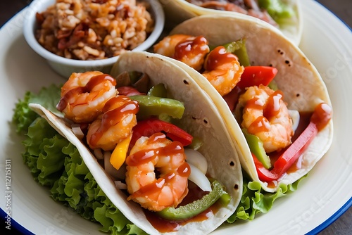 Delicious Prawn Tacos Packed with Fresh Tomatoes & Colorful Veggies photo