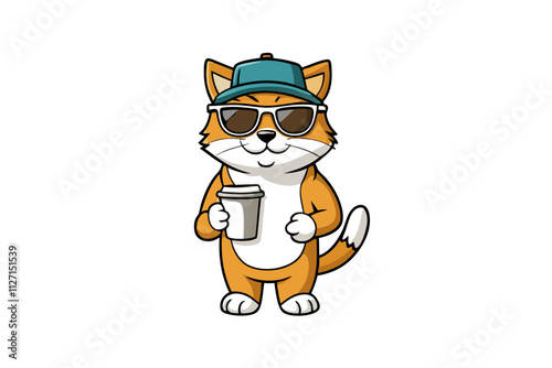 A cat wearing a sunglass coffee cup in hand wearing a cap vector art illustration
