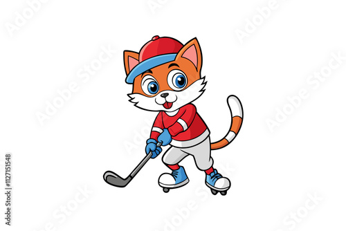 A cute cat wearing a cap playing ice hockey vector art illustration