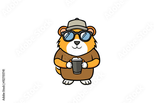 A guinea pig wearing sunglass with coffee cup vector art illustration