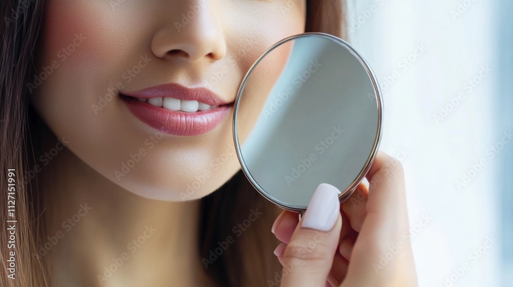 Woman Checking Her Makeup in a Handheld Mirror Woman Checking Her Makeup in a Handheld Mirror