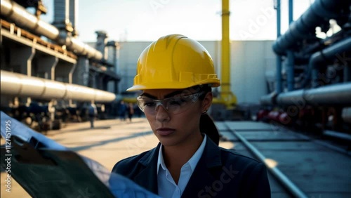 Wallpaper Mural A young woman in a protective helmet and glasses is in an industrial building. She holds a drawing in her hands and studies it carefully Torontodigital.ca