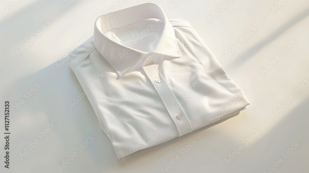 A crisp white shirt folded neatly, placed on a clean white surface. A crisp white shirt folded neatly, placed on a clean white surface.
