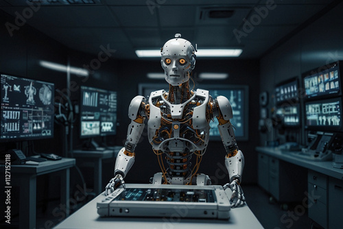 A Robot Performing Complex Data Visualization With Neural Networks In A Modern Operating Room Accompanied By Advanced Electronic Equipment