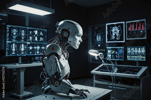 A Robot Performing Complex Data Visualization With Neural Networks In A Modern Operating Room Accompanied By Advanced Electronic Equipment