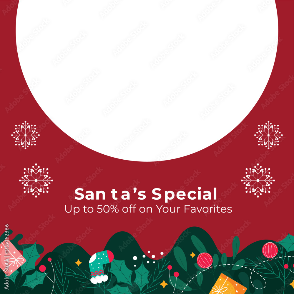 Fototapeta premium Christmas Sale Social Media Post Template - Editable Holiday Promotion Design, Festive Seasonal Graphics with Snowflakes, Gifts, and Discount Highlights, Perfect for Instagram and Facebook Campaigns