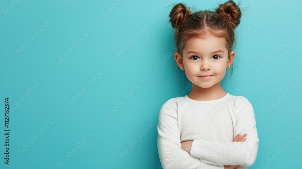 A confident young girl with playful hairstyle stands against a turquoise background, smiling and crossing her arms. A confident young girl with playful hairstyle stands against a turquoise background, smiling and crossing her arms.