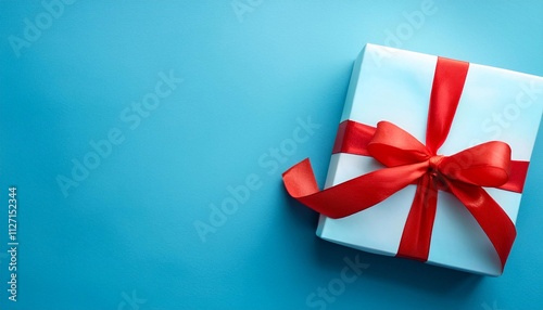 Light Blue Gift Box with Red Ribbon on Light Blue Background. Top View of Children Day Gifts with Copy Space