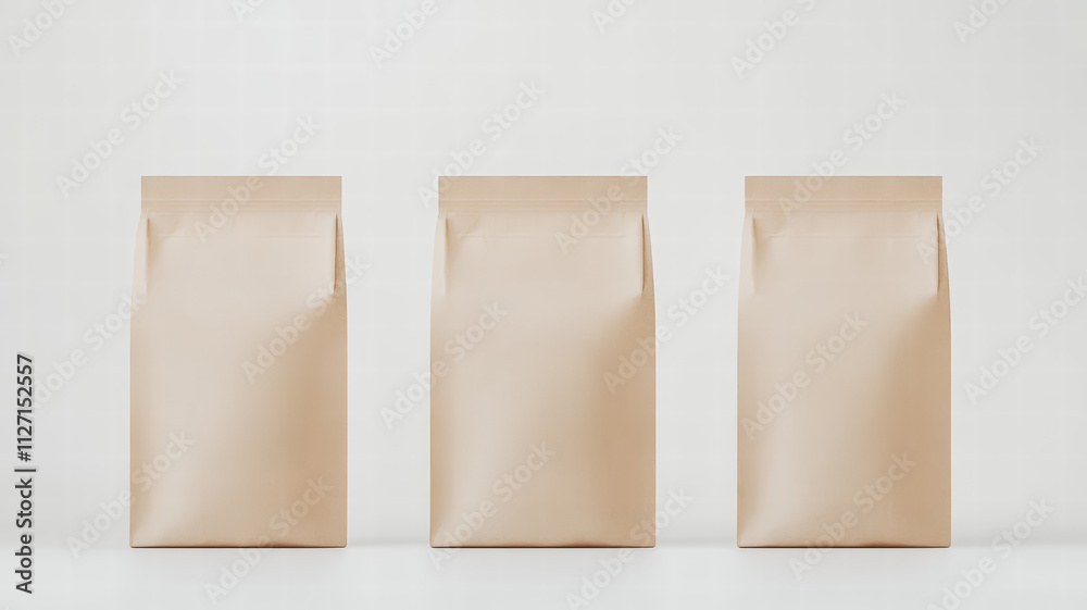 Three plain brown paper bags arranged on a light background, ideal for packaging and branding purposes. Three plain brown paper bags arranged on a light background, ideal for packaging and branding purposes.