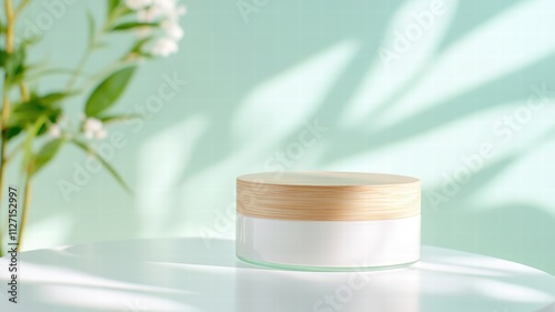 A minimalist skincare jar with a wooden lid sits on a white surface, surrounded by soft shadows and green foliage, creating a serene and natural atmosphere.