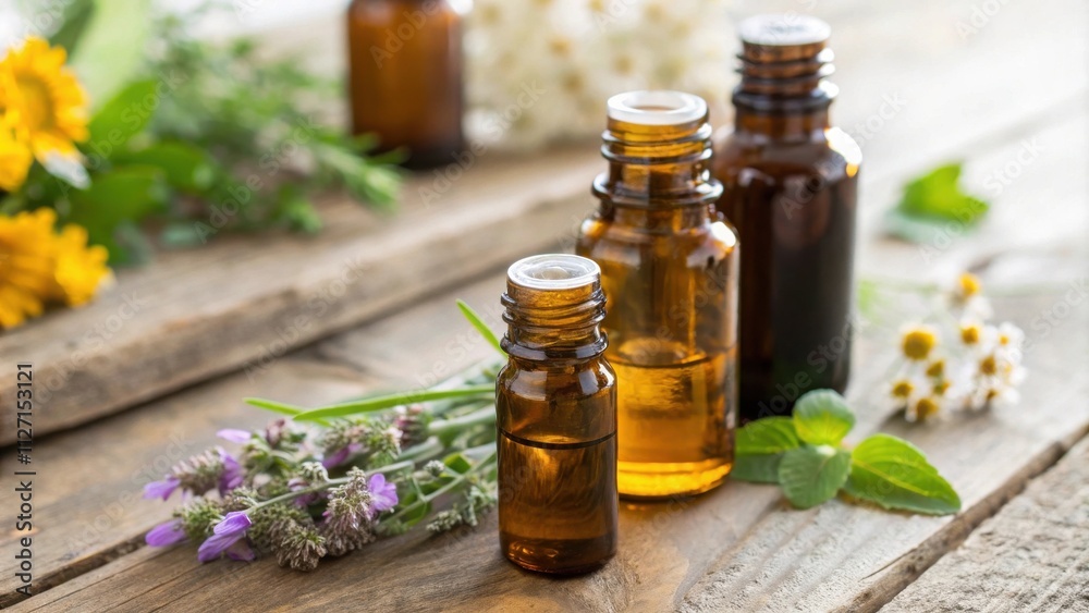 Essential Oils in Glass Bottles Surrounded by Fresh Herbs and Flowers on a Wooden Surface Essential Oils in Glass Bottles Surrounded by Fresh Herbs and Flowers on a Wooden Surface