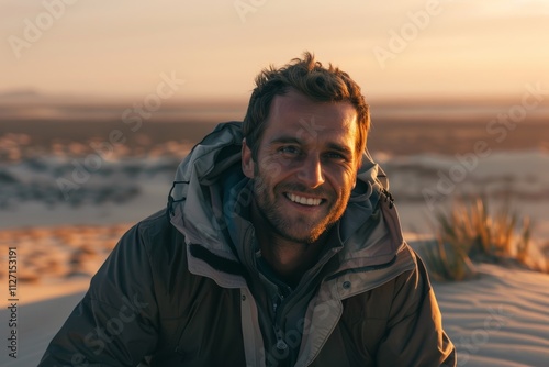 Portrait of a grinning man in his 30s wearing a functional windbreaker on serene dune landscape background