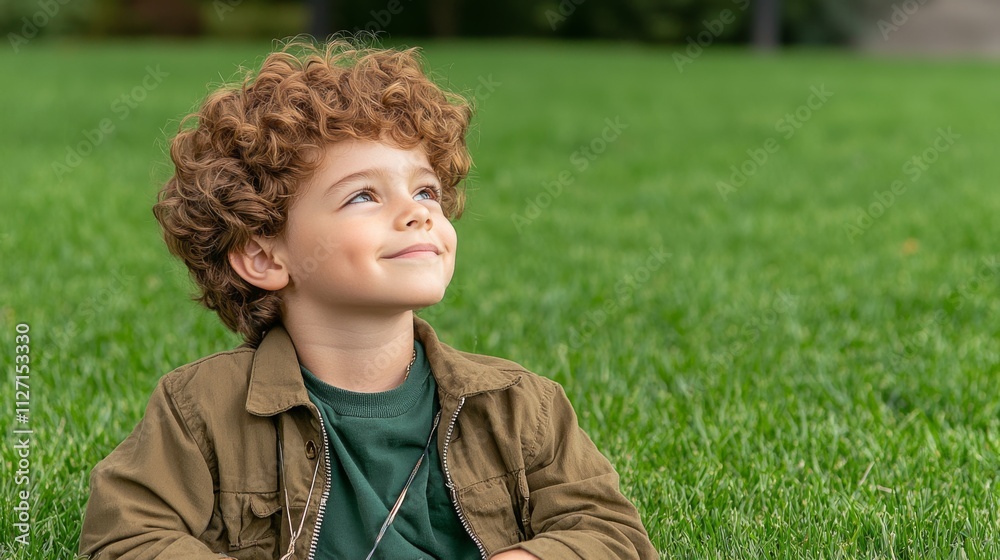 A cheerful boy with curly hair sits on the grass, gazing upward with a joyful expression, embodying innocence and wonder. A cheerful boy with curly hair sits on the grass, gazing upward with a joyful expression, embodying innocence and wonder.