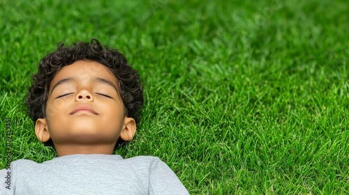 A serene child lies on green grass, eyes closed, enjoying a peaceful moment in nature.