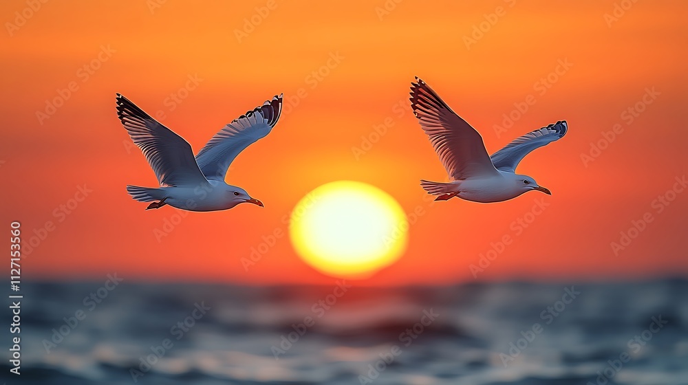 Fototapeta premium Seagull flying silhouette with a bright coastal gradient background