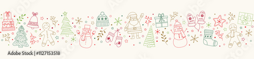 Christmas banner with cartoon characters and decorations. Vector illustration