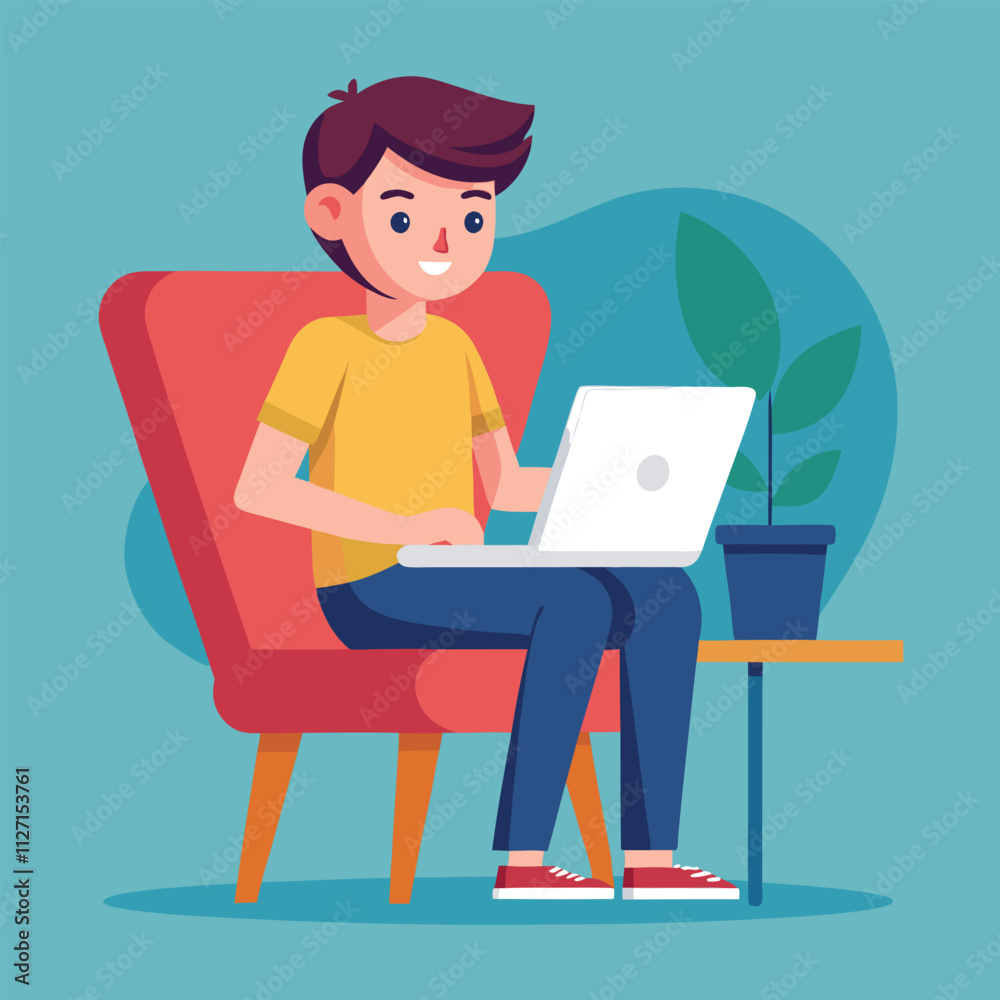 a boy is using his laptop vector a boy is using his laptop vector