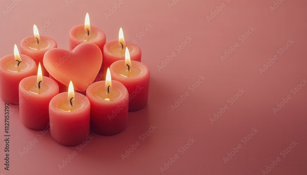 Valentine background, Candles, Elegance. Romantic candles arranged in a heart shape on a soft pink background.