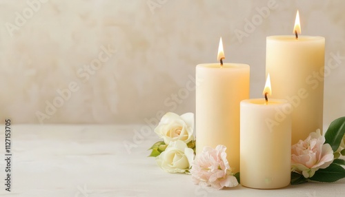 Valentine background, Candles, Elegance. Serene candles surrounded by delicate flowers on a soft background.