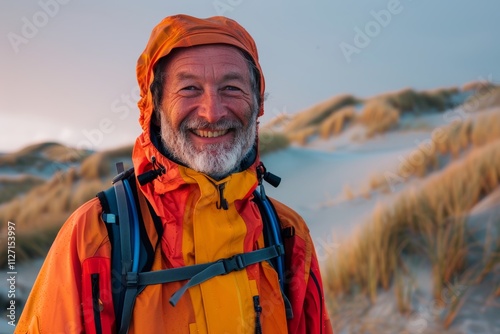 Portrait of a cheerful man in his 40s wearing a vibrant raincoat isolated in serene dune landscape background