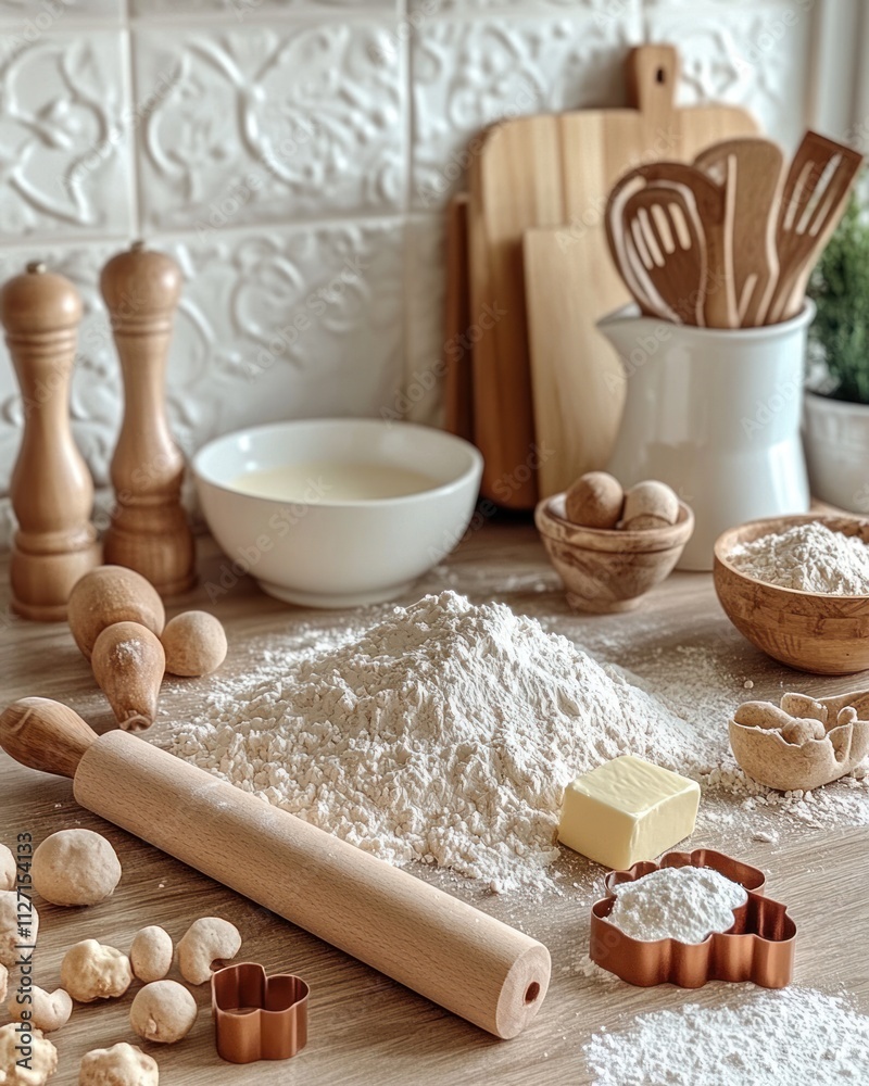 A kitchen scene with baking ingredients and utensils, ready for cooking. A kitchen scene with baking ingredients and utensils, ready for cooking.