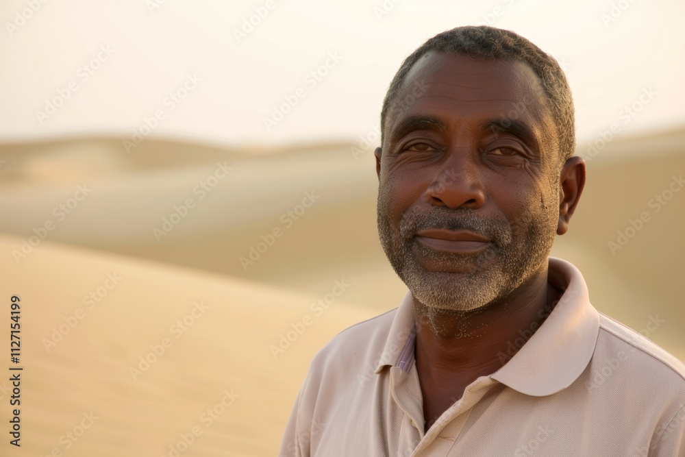 Portrait of a tender afro-american man in his 40s wearing a sporty polo shirt in serene dune landscape background
