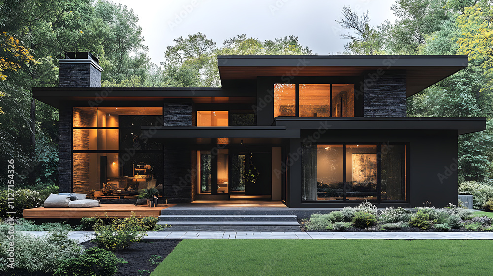 A modern one-story house with a gable roof and striking black walls, showcasing sleek architectural design with a minimalist aesthetic, blending contemporary style with functionality in a stylish resi A modern one-story house with a gable roof and striking black walls, showcasing sleek architectural design with a minimalist aesthetic, blending contemporary style with functionality in a stylish resi