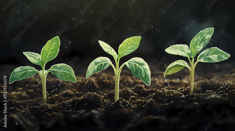 Close-up of three green seedlings emerging from the soil, symbolizing growth and new beginnings in a natural environment. Verdure. Illustration Close-up of three green seedlings emerging from the soil, symbolizing growth and new beginnings in a natural environment. Verdure. Illustration