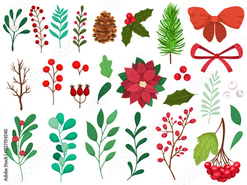 Set of different winter plants. Collection of berries, branches, illustration of poinsettia flower, cones and others.