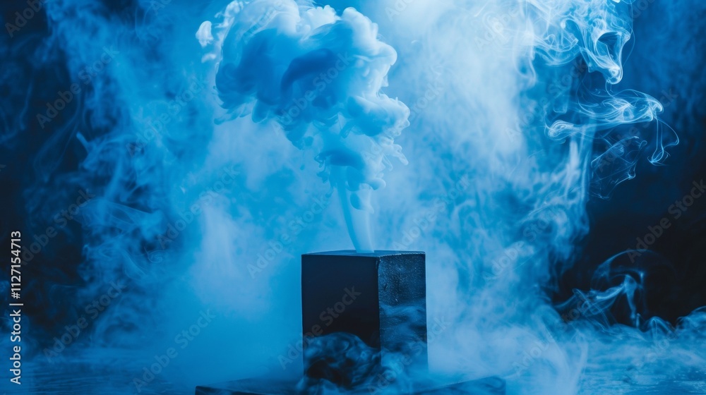 Fototapeta premium Mysterious blue smoke swirling above a dark cube