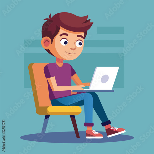 a boy is using his laptop vector