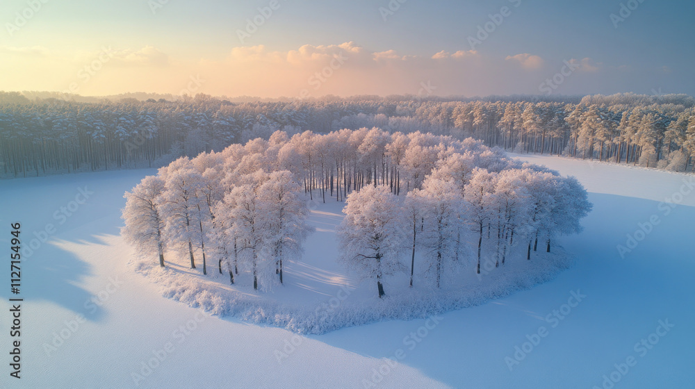 Aerial view of a snow-covered landscape, with frosty trees and white fields under a soft winter light Aerial view of a snow-covered landscape, with frosty trees and white fields under a soft winter light
